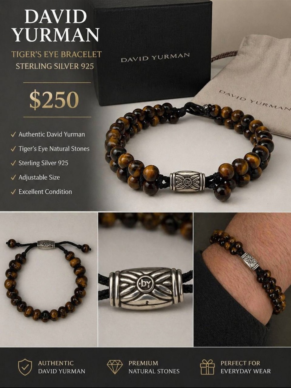David Yurman Tiger's Eye Beaded Bracelet - Brown & Black
